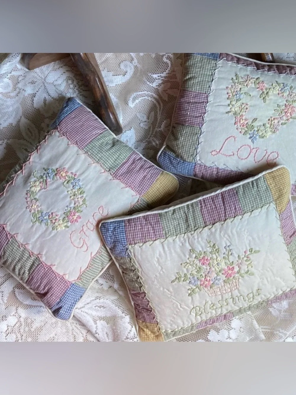 Set of 3 Primitive Quilted Embroidered Pastel Patchwork Decorative Pillows 9”x8”